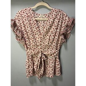 Max Studio Floral Ruffle Flutter Sleeve Tie Front Blouse Red Cream Small Smocked